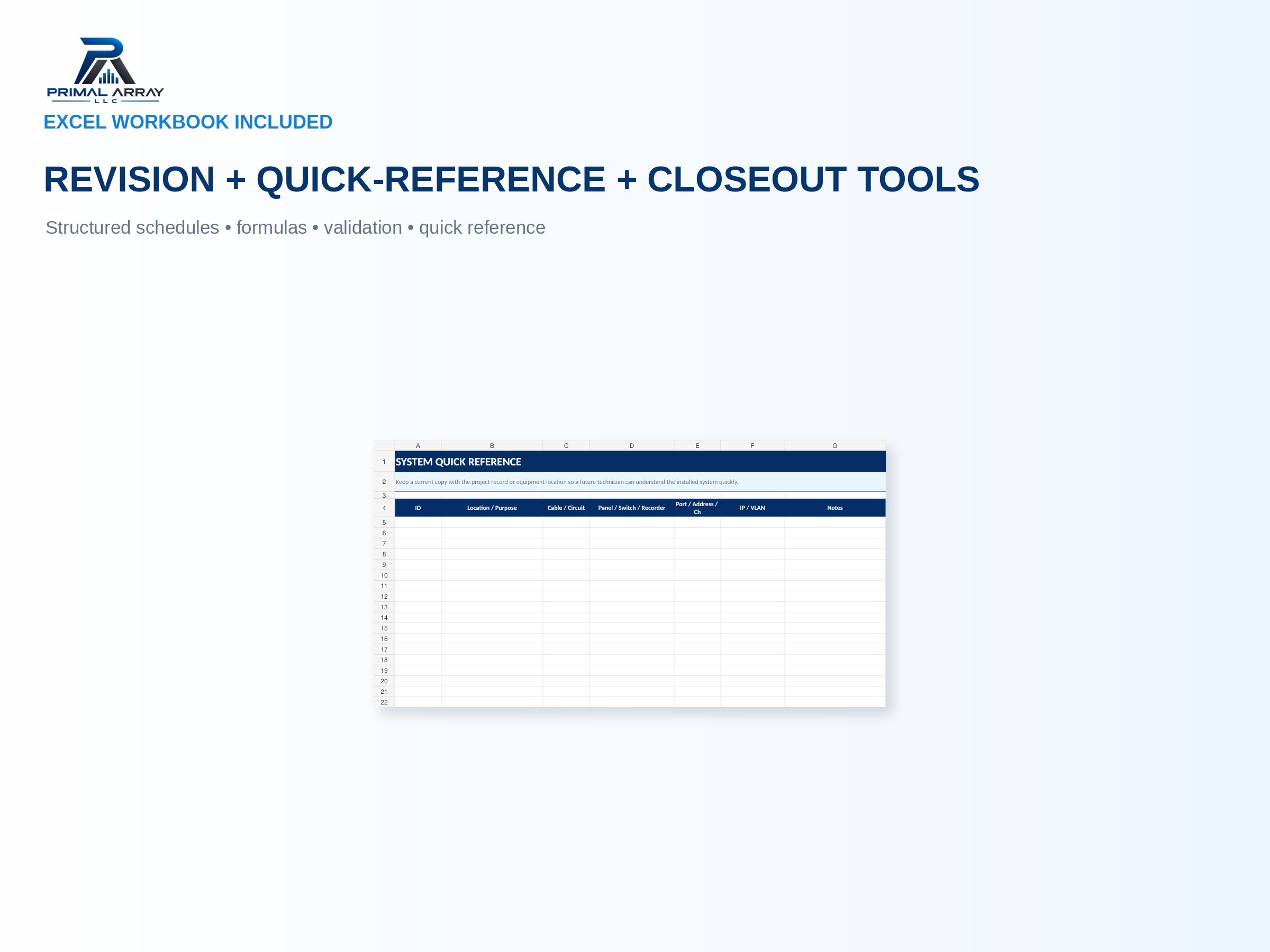 As-Built & Project Closeout Pack: Excel tools